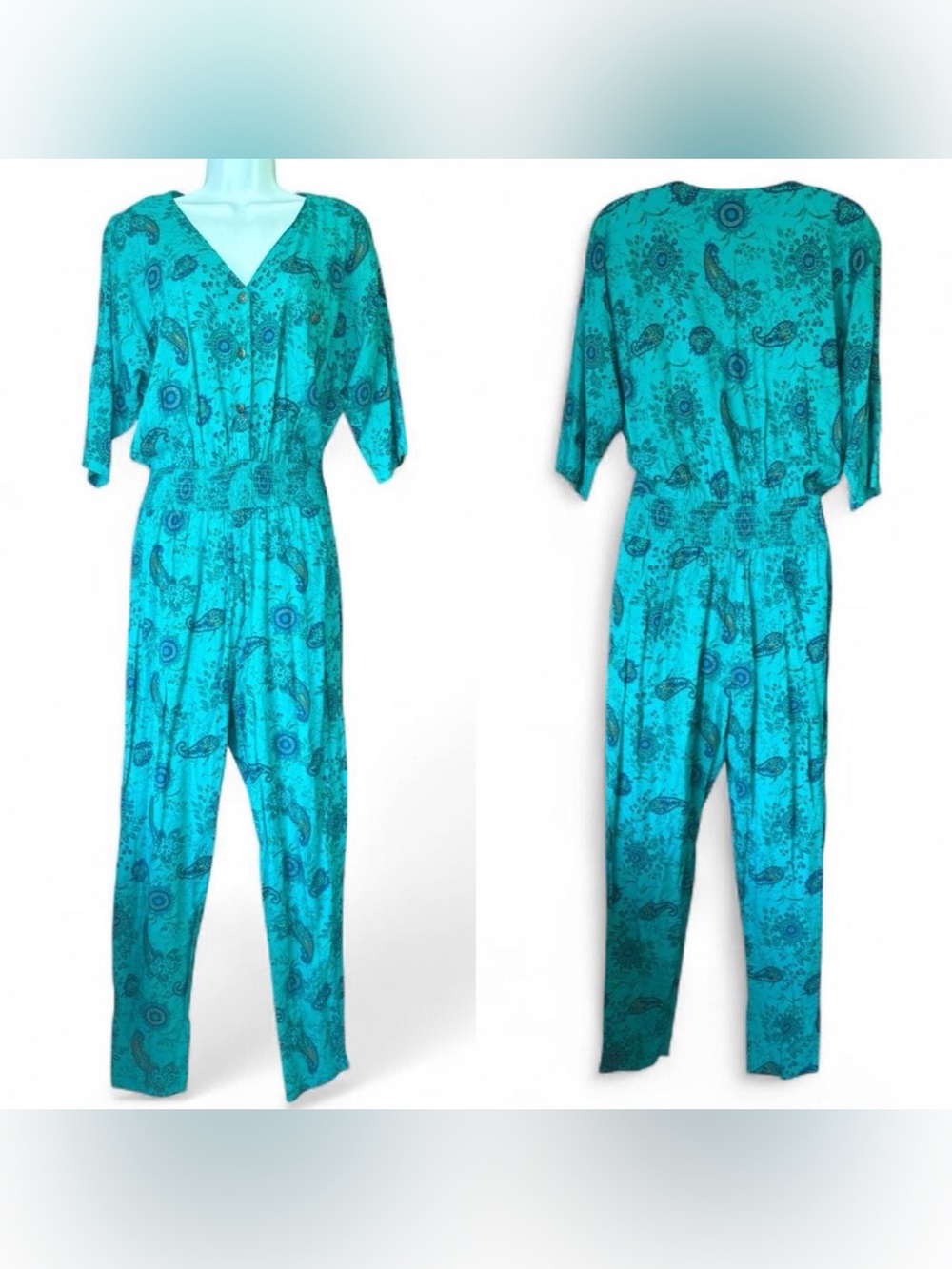 Vtg Benson & Smith Paisley Jumpsuit S/M Teal 80s Boho Festival Hippie One Piece